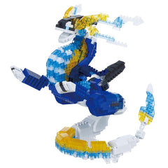 A colorful and intricate LEGO dinosaur-like figure composed of various blocks in blue, yellow, and white colors.