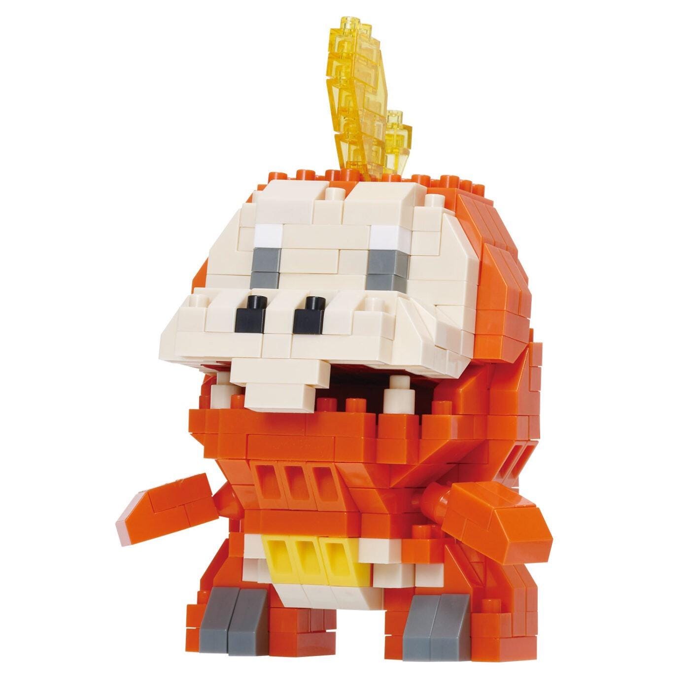 A colorful, pixelated toy resembling a dinosaur or robot made of small orange and white blocks.