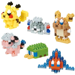 A collection of colorful, pixelated Pokemon characters made from building blocks.