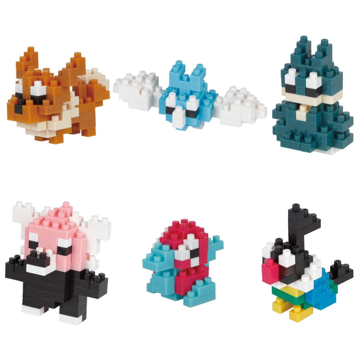 six colorful, pixelated animal figures made of building blocks, including a brown squirrel, a blue bird, a white cloud, a pink pig, a red fish, and a black and yellow bird.