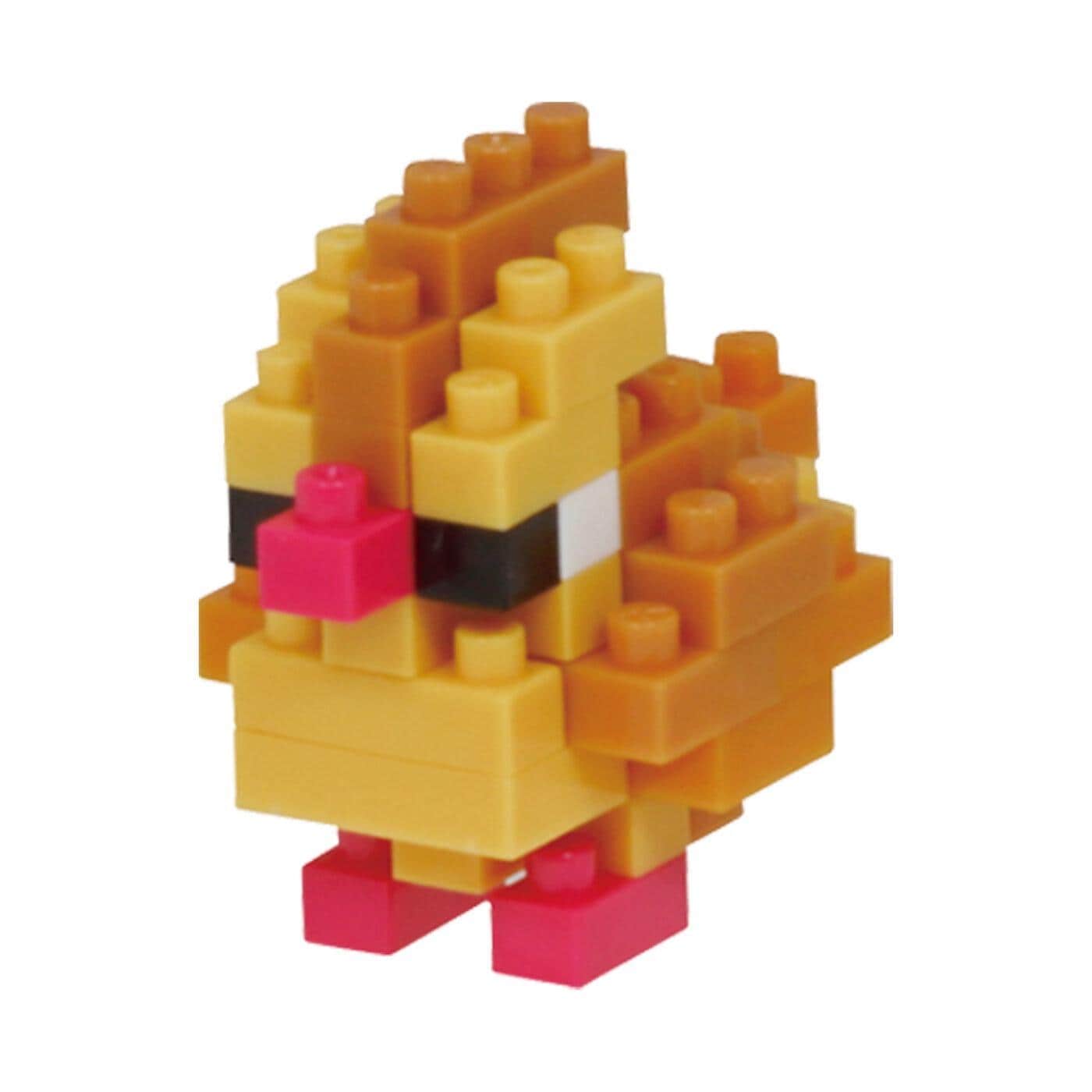 A colorful, pixelated toy made of small building blocks in various shades of yellow, orange, and pink.