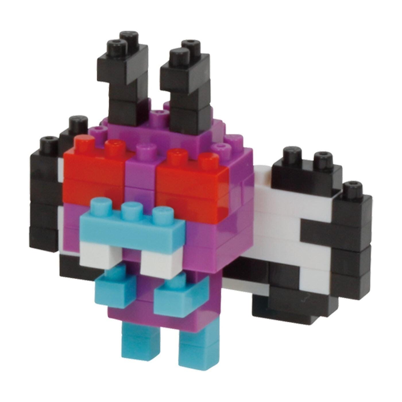 A colorful, pixelated character made up of various blocks in different colors, including red, black, and blue.