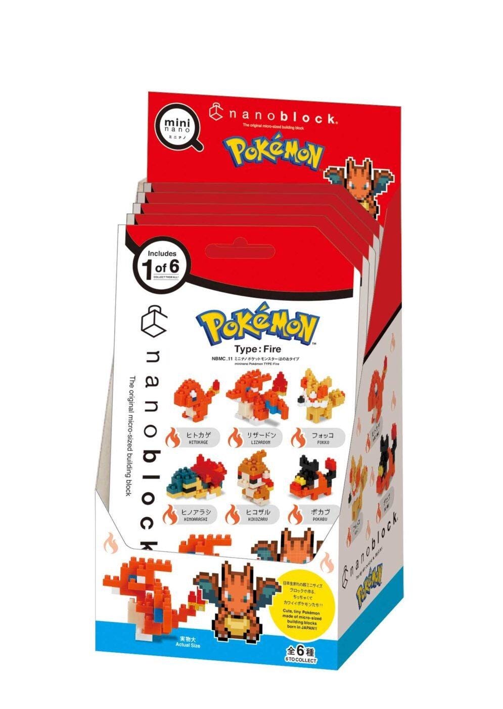 A red and white packaging box for a collection of Pokemon characters, specifically focusing on the type "Fire". The box contains various Pokemon characters and is labeled as a "Nanoblock" product.