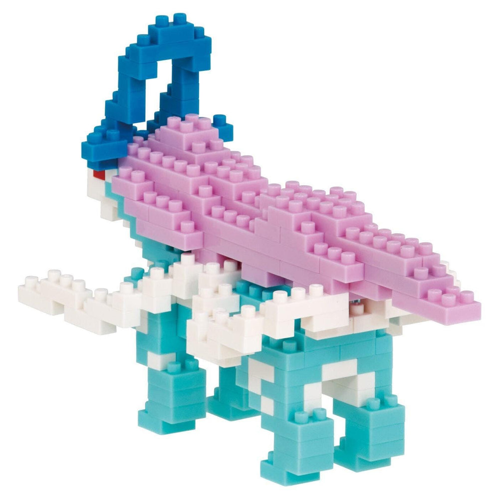 A colorful, pixelated toy made of various building blocks in shades of blue, pink, and white.