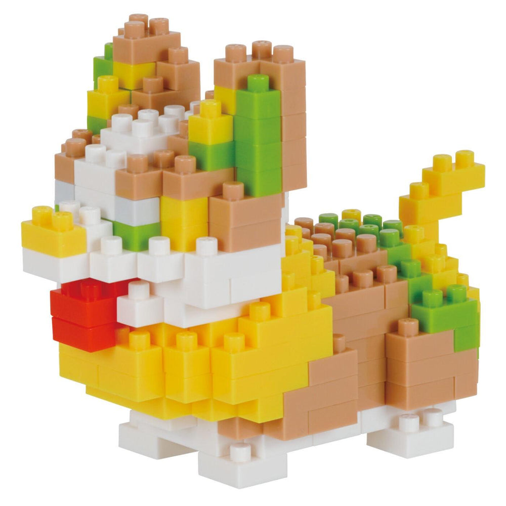 A colorful and intricate toy dog made from numerous small building blocks in various colors.