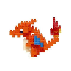 A pixelated image of a red and orange dragon-like creature composed of numerous small blocks in various colors.