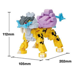 A yellow and gray Lego dinosaur-like figure with a purple seat on its back, along with measurements indicating the dimensions of the figure.