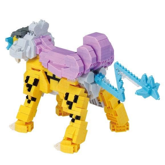 A colorful and intricate toy made of small building blocks in various shapes and colors, resembling a Lego or similar construction toy.