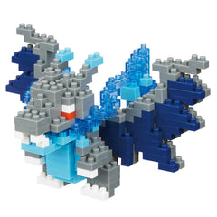 A colorful and intricate LEGO brick model of a dragon-like creature, composed of various shades of blue, gray, and white bricks.