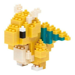 A yellow and teal-colored pixelated figure made up of numerous small blocks.