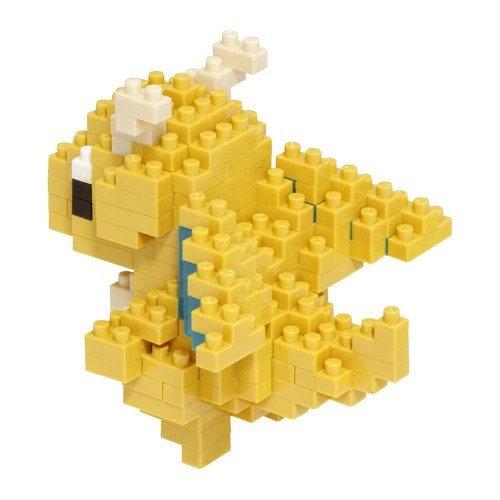 A yellow and blue 3D-built toy resembling a small animal or creature, composed of numerous small yellow blocks.