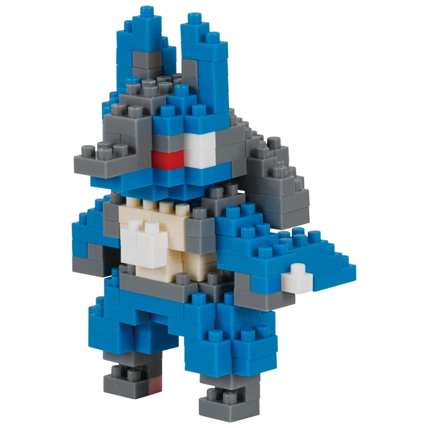 A blue and gray Lego figure made up of numerous small bricks.