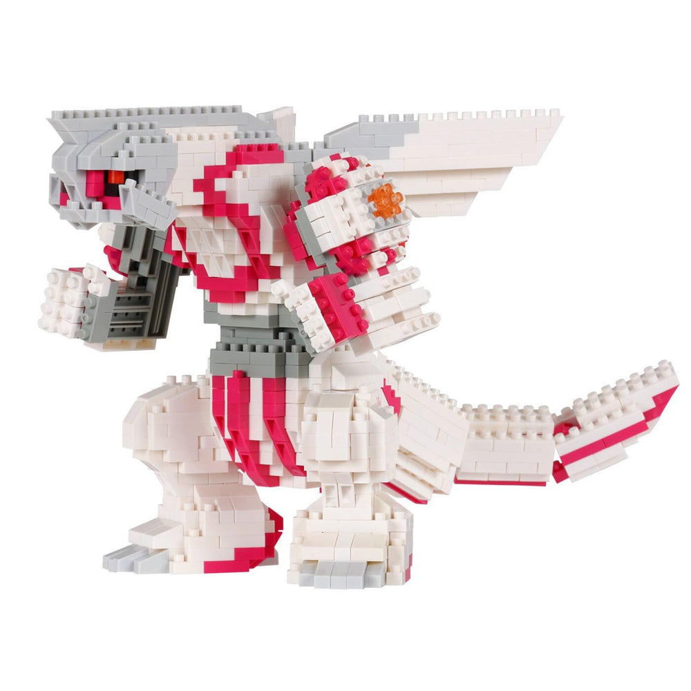 A toy or model of a LEGO or BAMBOO dinosaur, made up of numerous small bricks in various colors, including white, red, and gray.