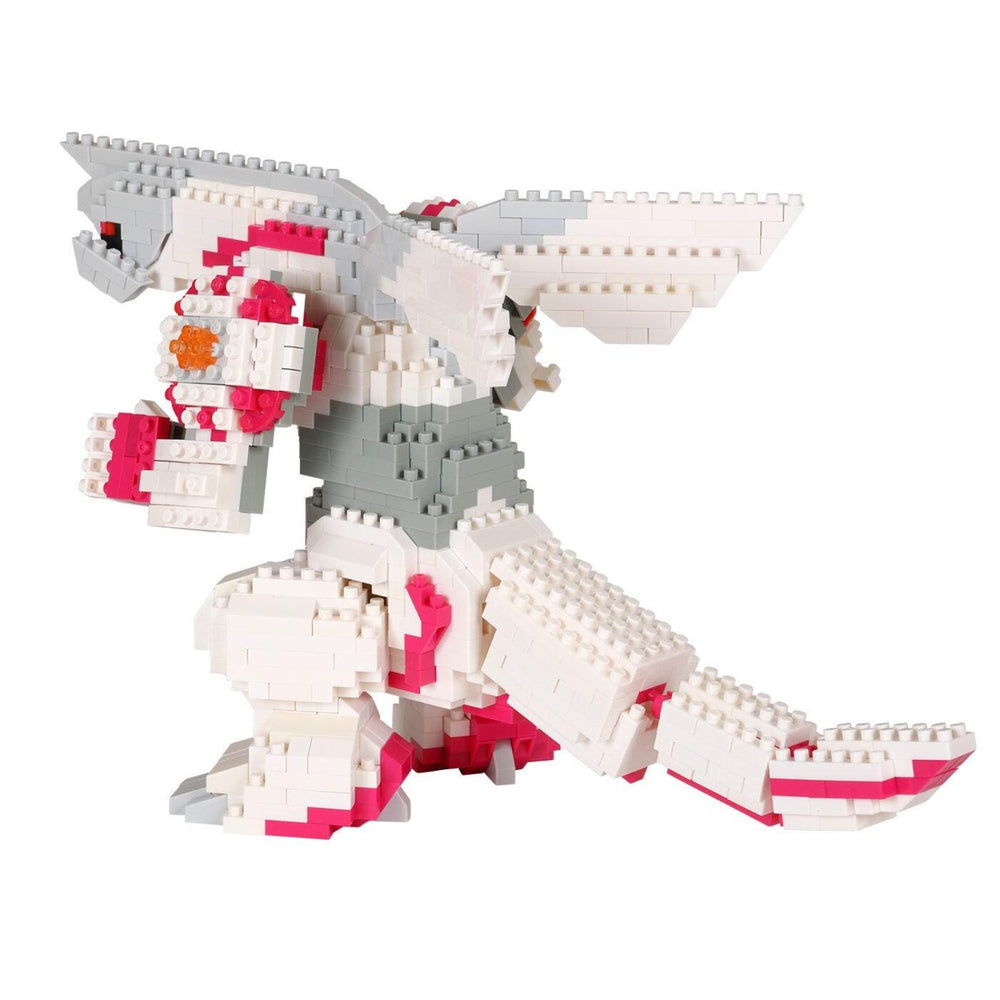 A toy robot made of small white and pink building blocks, with a gray body and red accents.