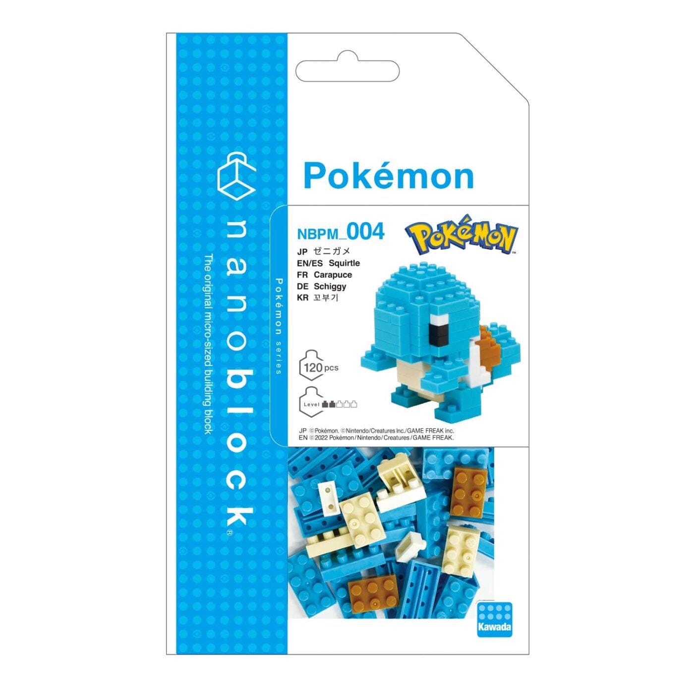 The image is a packaging for a Pokemon-themed microblock set, featuring a blue Pokemon character and various Lego pieces.