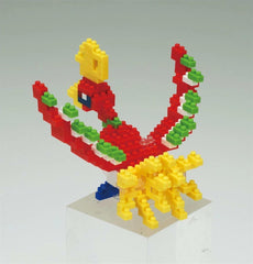 A colorful, 3D-built toy made of small building blocks in various colors, including red, yellow, green, and blue.