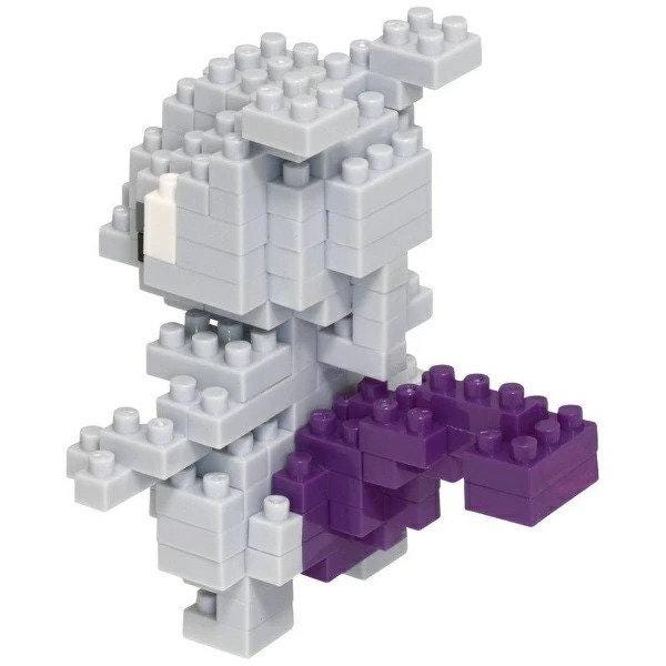 A gray and purple Lego figure made up of numerous small Lego bricks.