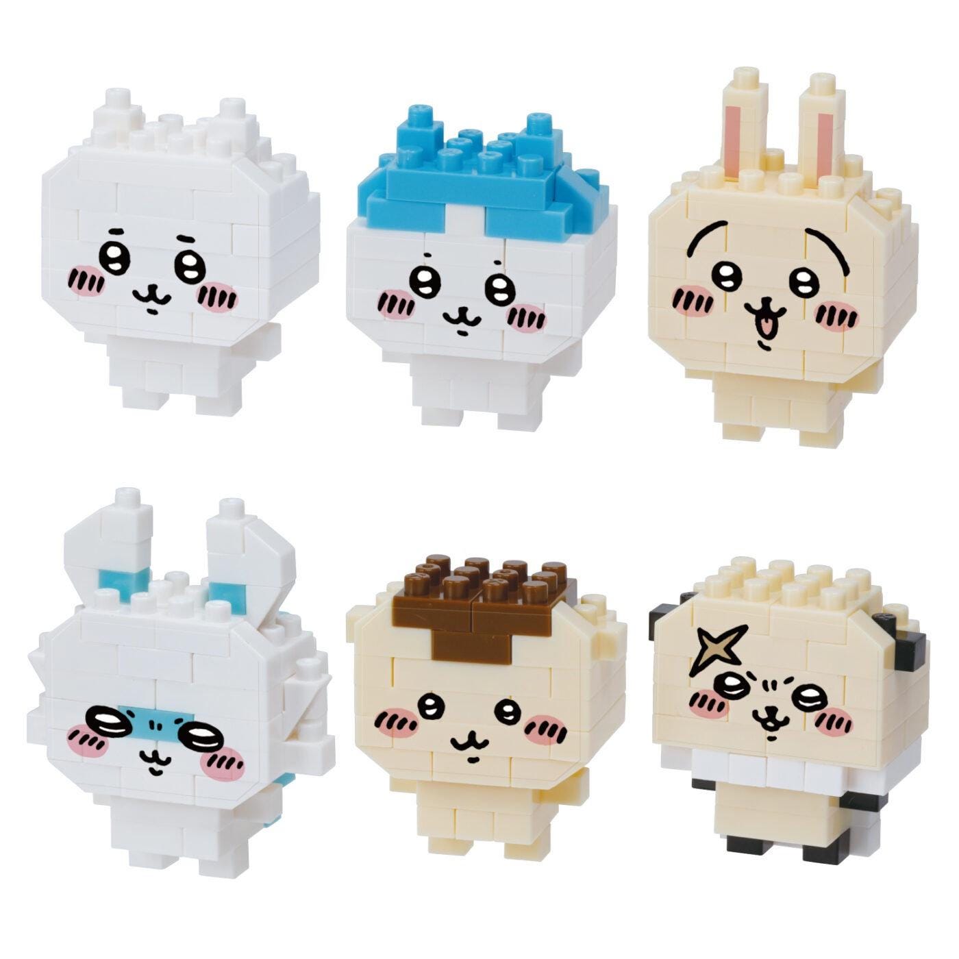 six cute, cartoon-like building block figures with large eyes and smiling faces, arranged in two rows of three.