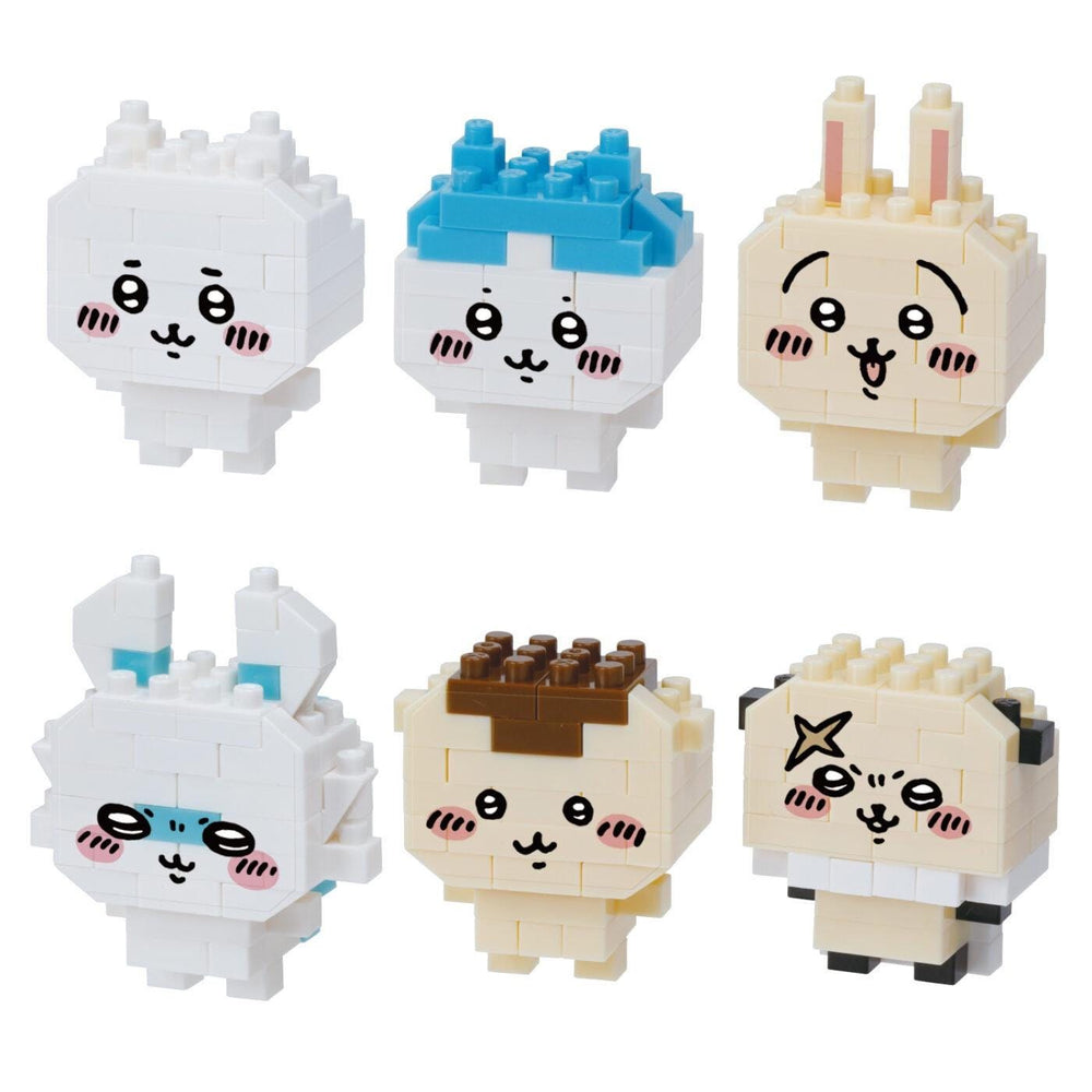 six cute, cartoon-like building block figures with large eyes and smiling faces, arranged in two rows of three.