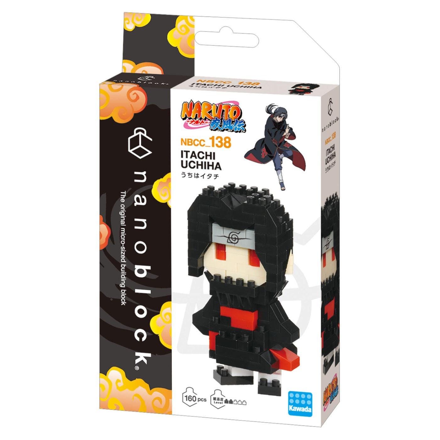 a box containing a miniature figurine of a character from the popular animated series "Naruto". The figurine is a black and red character with a distinctive hairstyle, and it is part of a set of building blocks designed for fans of the series.