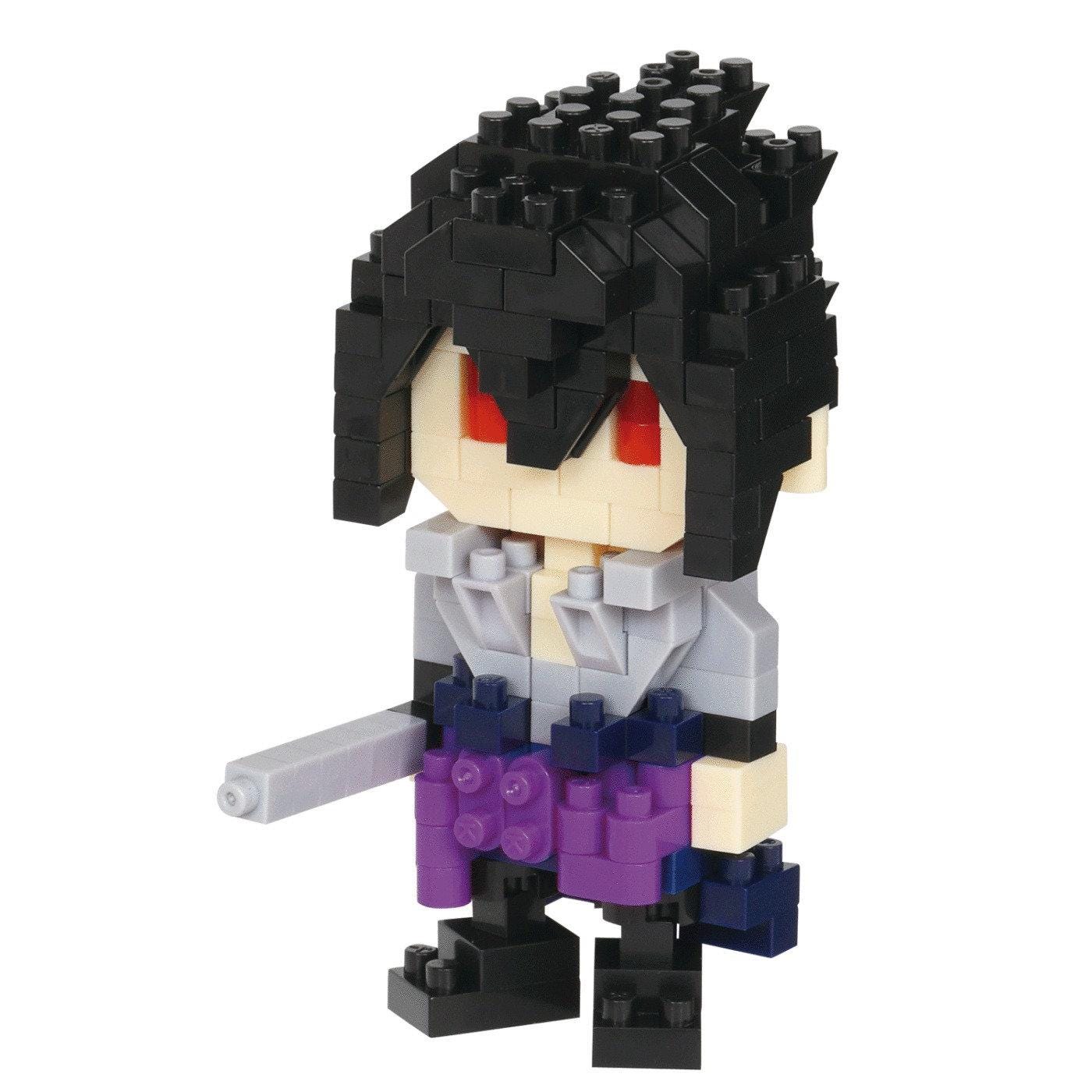 A 3D-built toy figure of a character with a black and purple color scheme, holding a weapon.