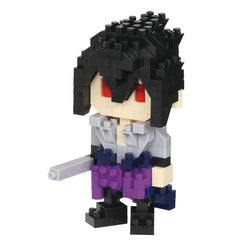 A 3D-built toy figure of a character with a black and purple color scheme, holding a weapon.