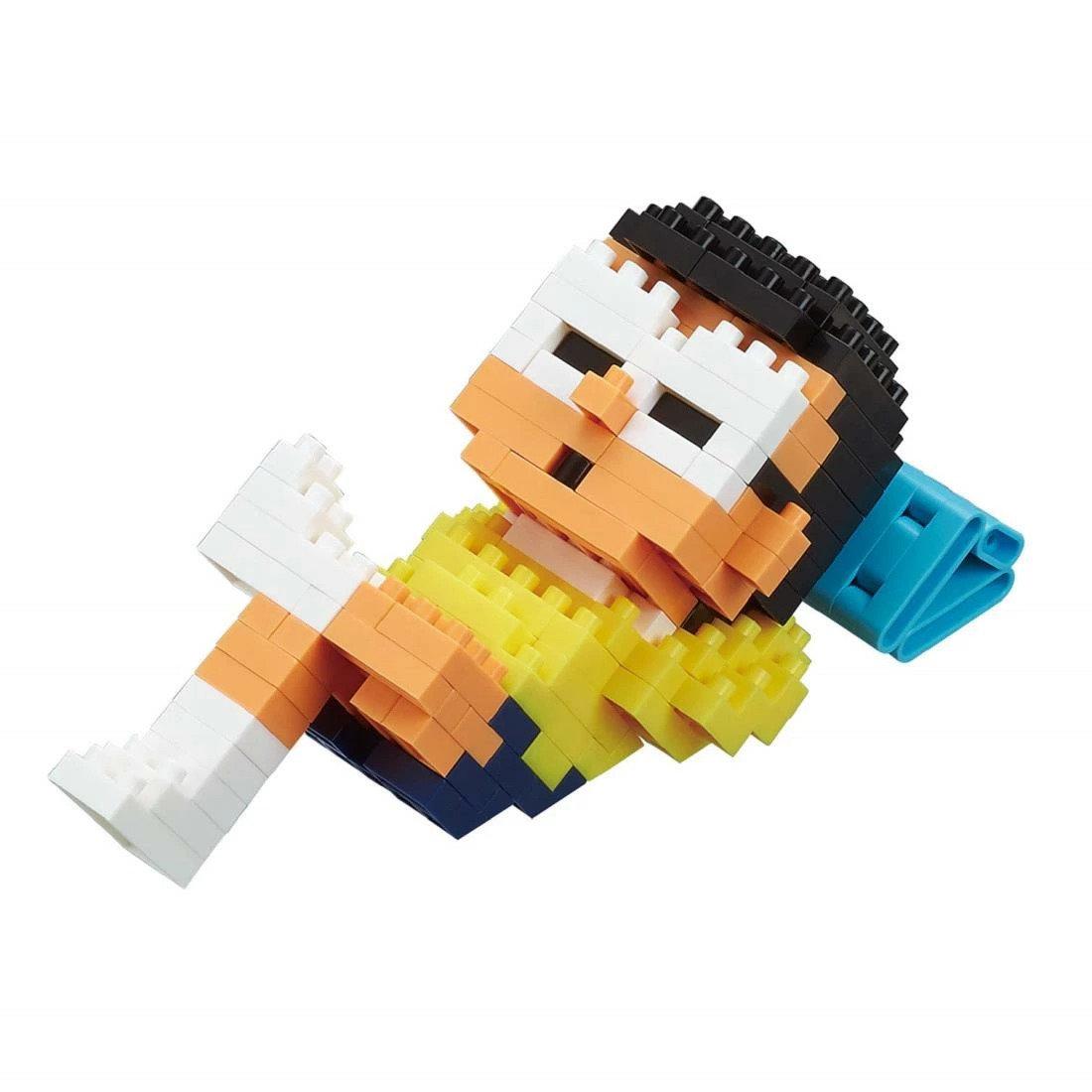 A colorful, pixelated toy figure made up of small building blocks in various colors, including orange, yellow, blue, and white.