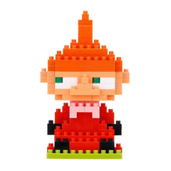 A colorful, pixelated toy figure made up of small building blocks in various colors, including red, orange, green, and black.