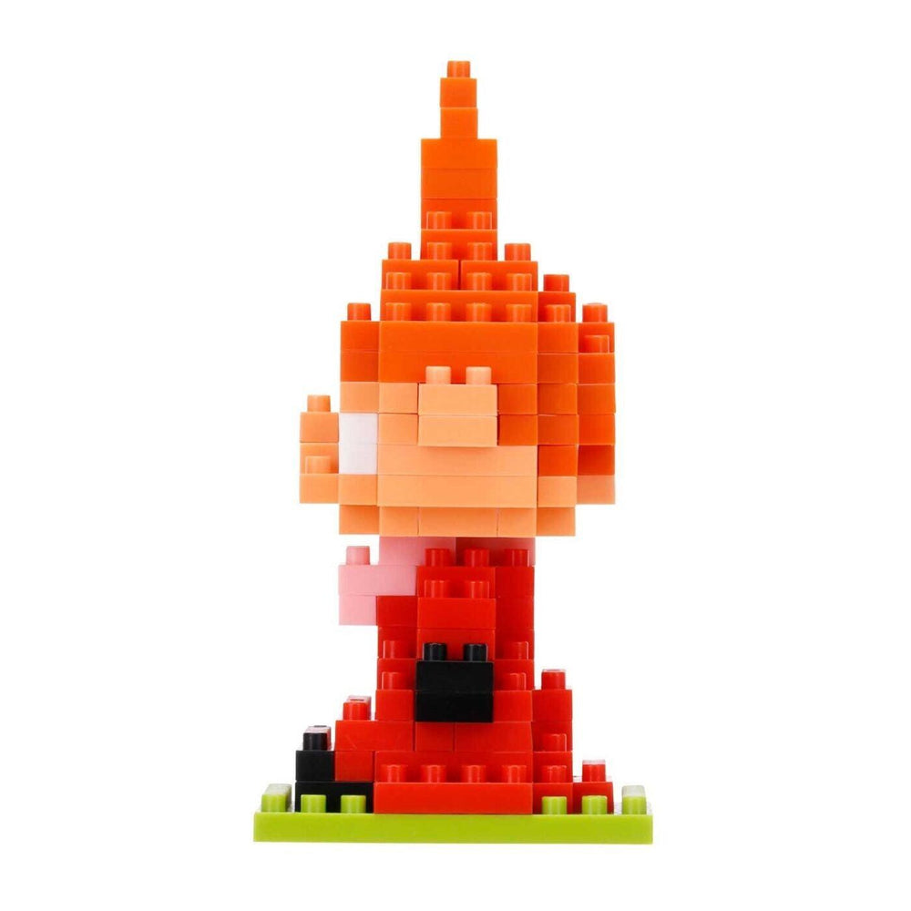 A colorful, pixelated toy figure made of small, orange and red blocks, resembling a pixelated character or character from a video game.