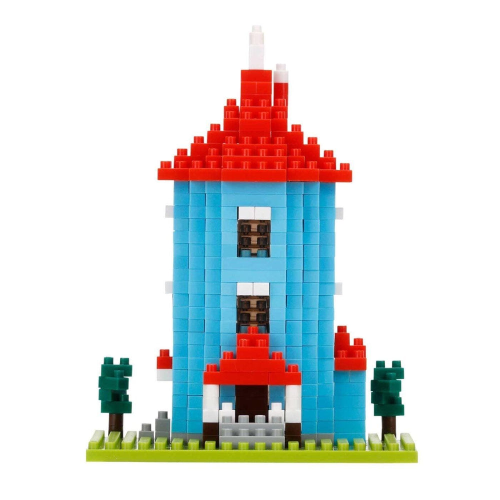 A colorful, two-story building made of building blocks, with a red roof and blue walls.