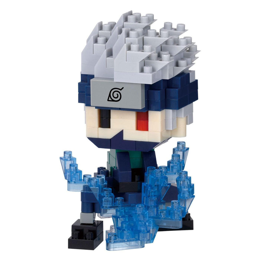 A 3D model of a character from the anime series " Kakashi", composed of numerous small blue and gray building blocks.