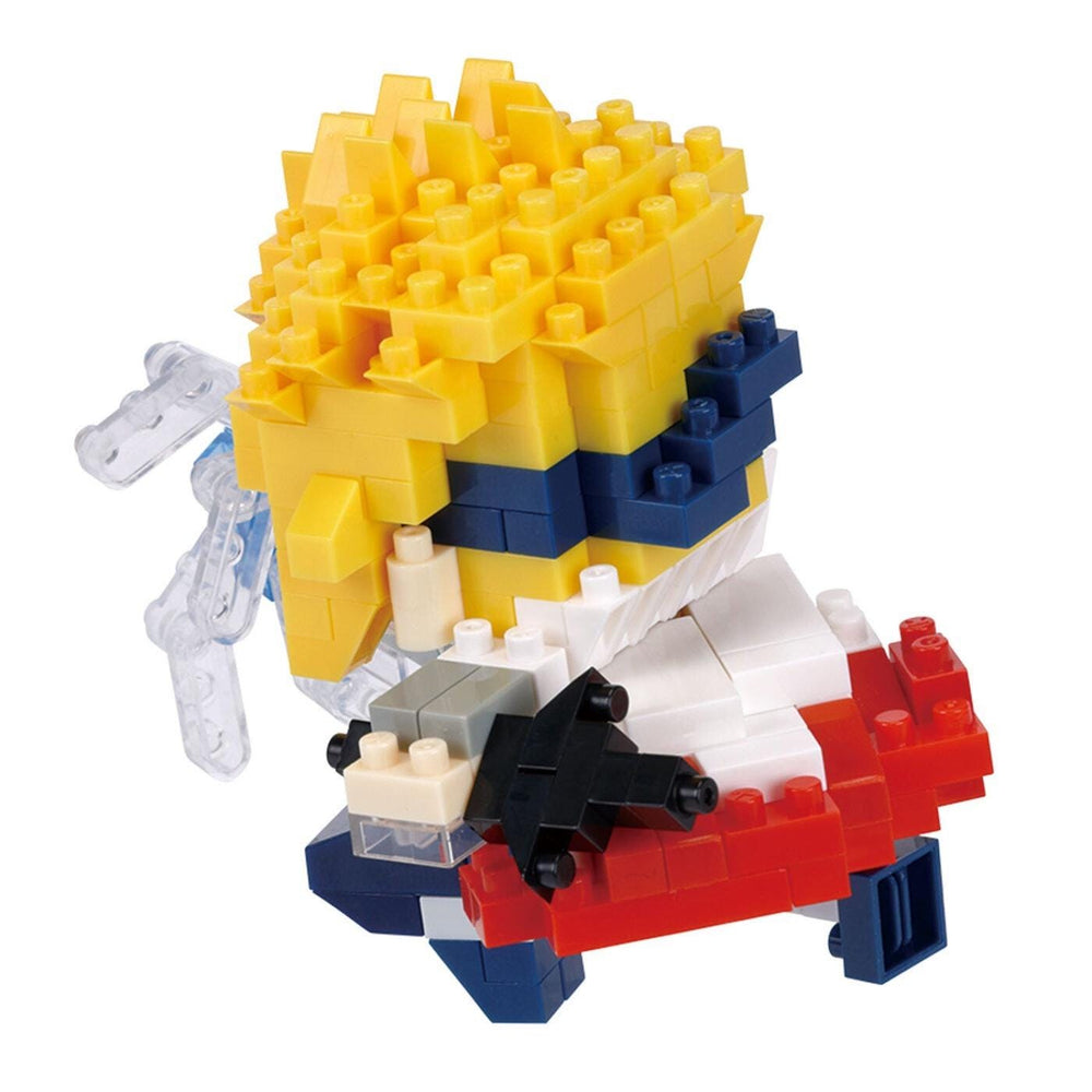 A colorful toy made of various building blocks in different colors, including yellow, blue, red, and white.
