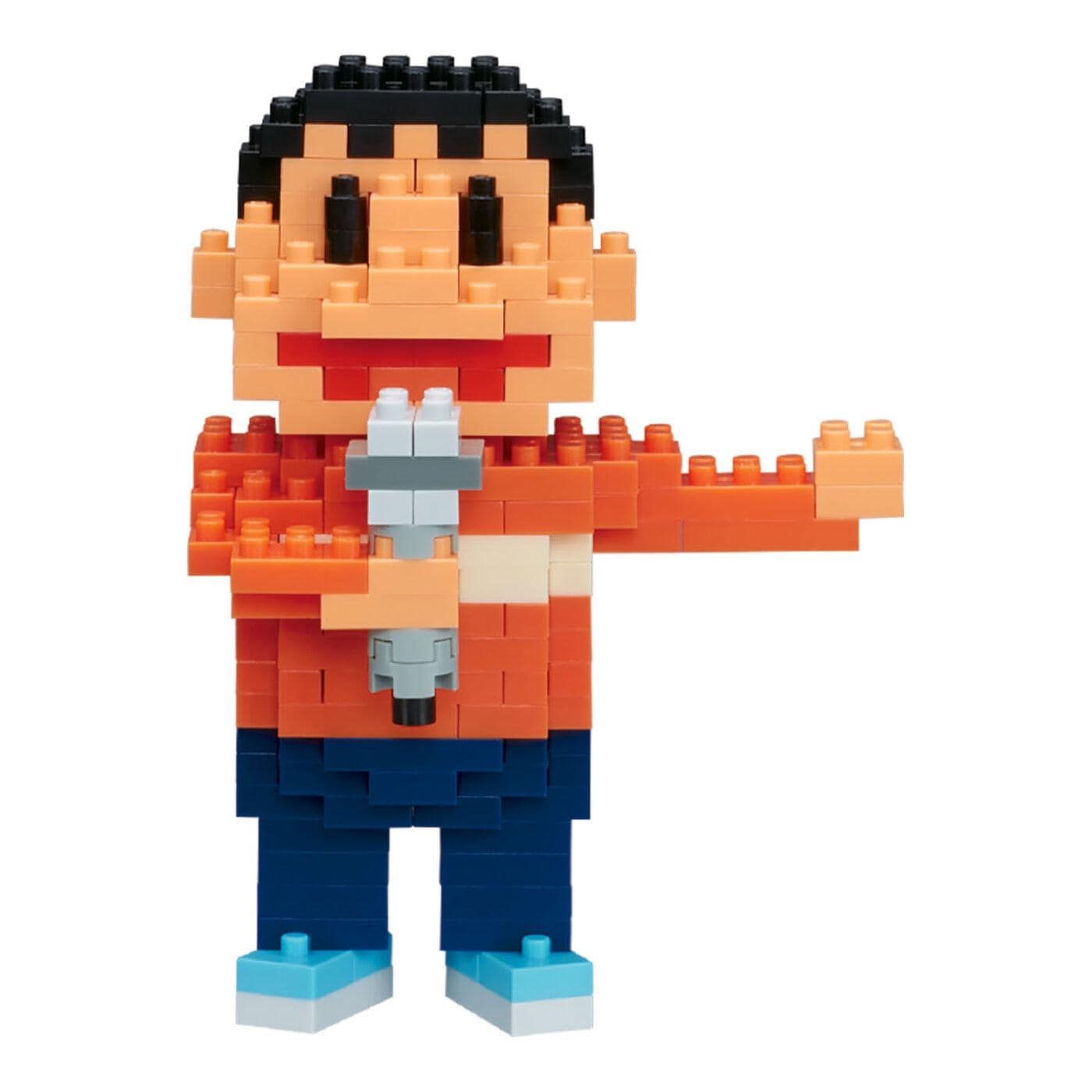 A colorful, pixelated figure of a boy holding a microphone.