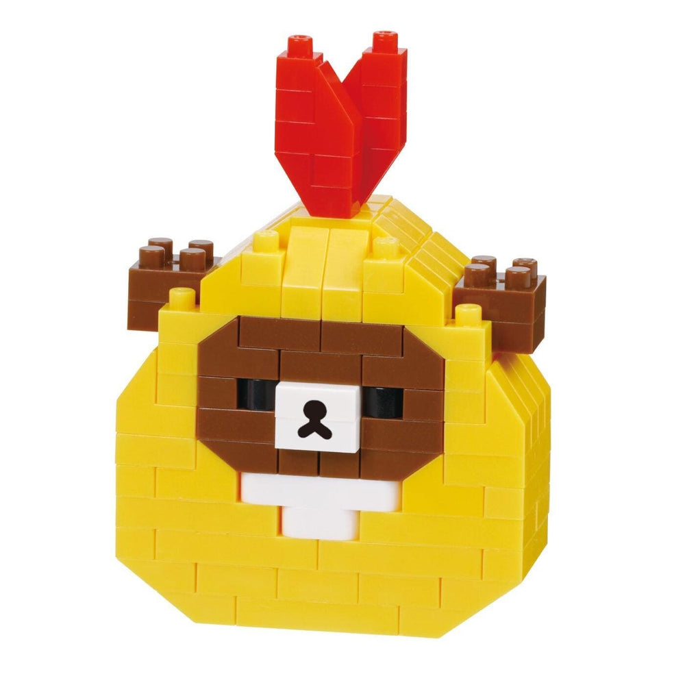 A yellow and brown block figure resembling a bear or a similar animal, with a red flower-like structure on top.