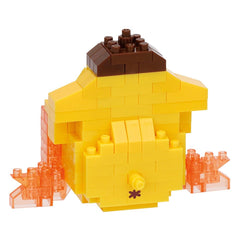 A yellow and brown building block toy with a brown roof and orange legs, sitting on a white background.