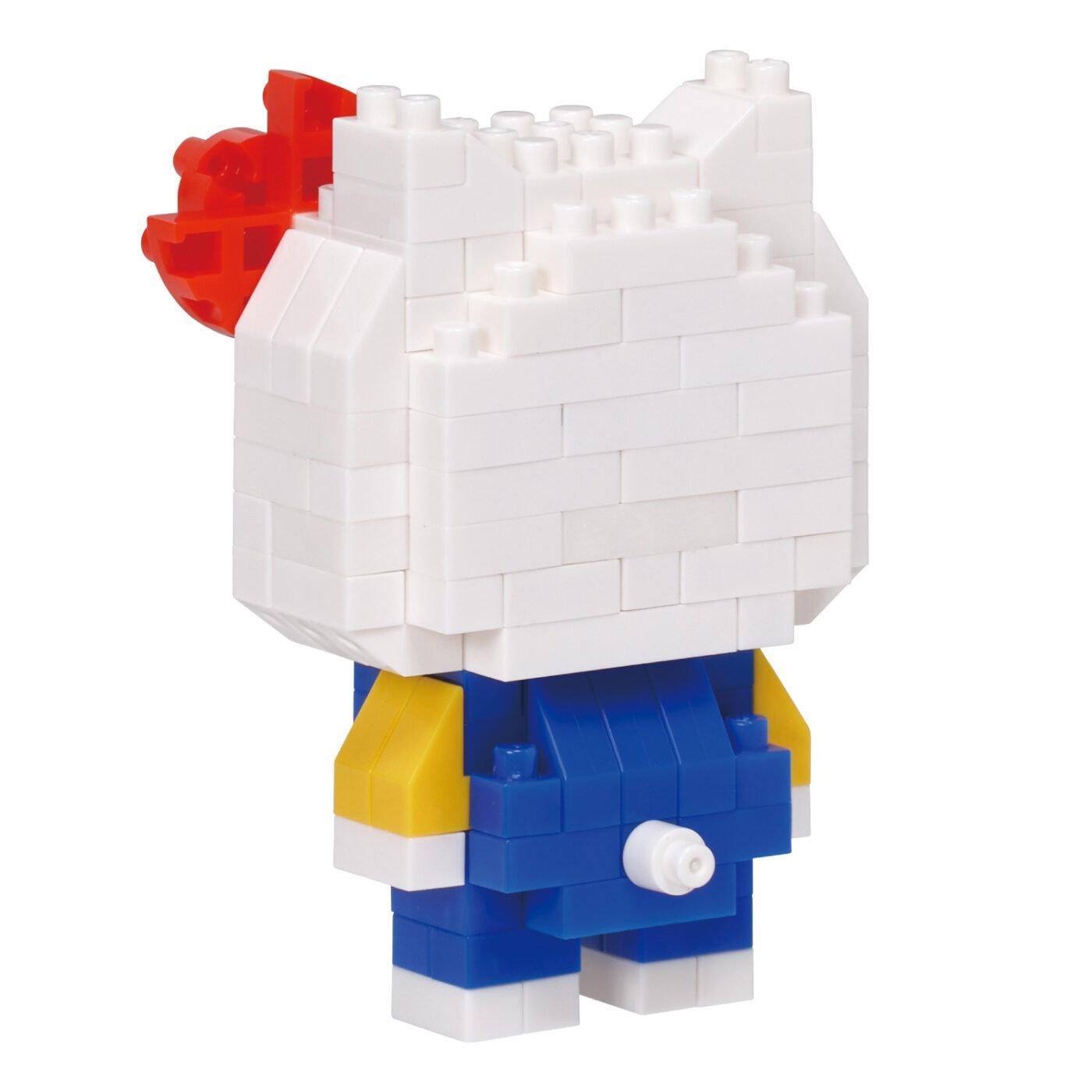 A Hello Kitty building block figure made of white and blue blocks.