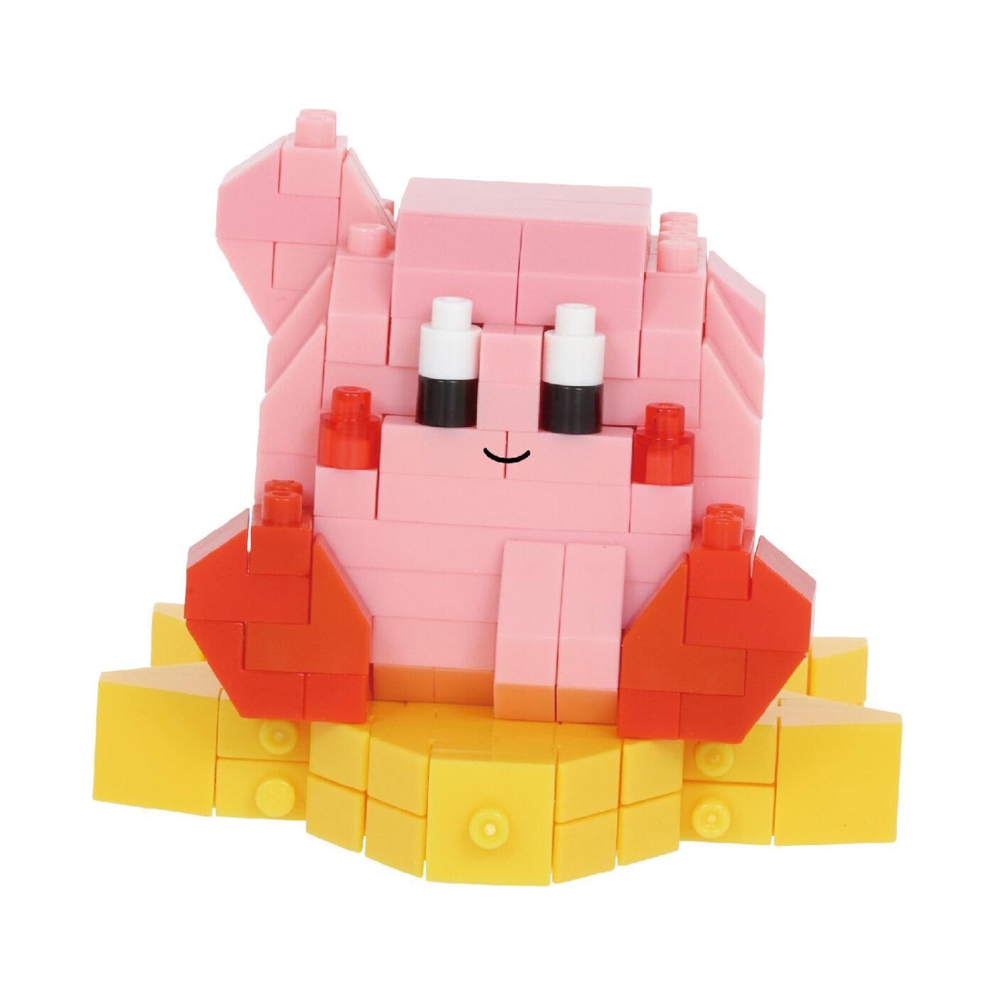 A pink and yellow Lego figurine with a smiling expression, sitting on a yellow base.