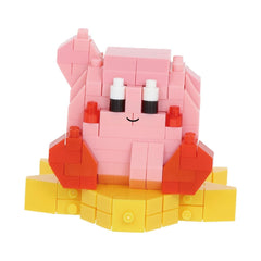 A pink and yellow Lego figurine with a smiling expression, sitting on a yellow base.