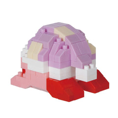A colorful, three-dimensional toy made of various building blocks in pink, white, and red colors.