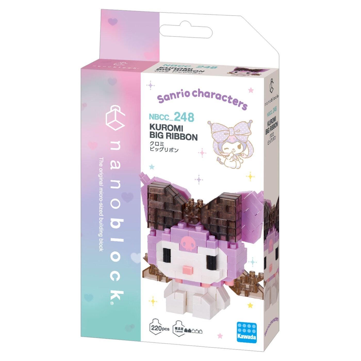 a colorful and vibrant packaging for a "Sanrio characters" set, which includes a "Kuromi Big Ribbon" toy. The packaging is designed to be visually appealing and engaging, with a focus on the product's features and branding.