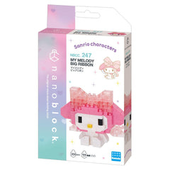 a pink and white box for a "My Melody Big Ribbon" building block set, which is a product of the Sanrio characters.