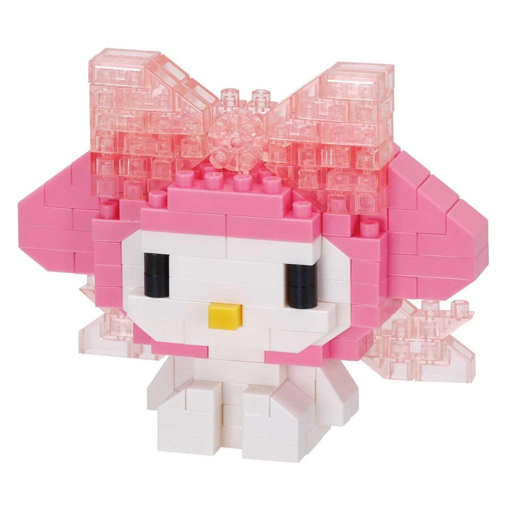 A pink and white Hello Kitty-style building block figure.