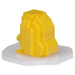 A yellow, geometric sculpture composed of numerous small blocks, resembling a 3D model or a geometric design.