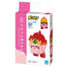 a pink and white packaging for a toy called the "Kirby Fire" made of small building blocks.