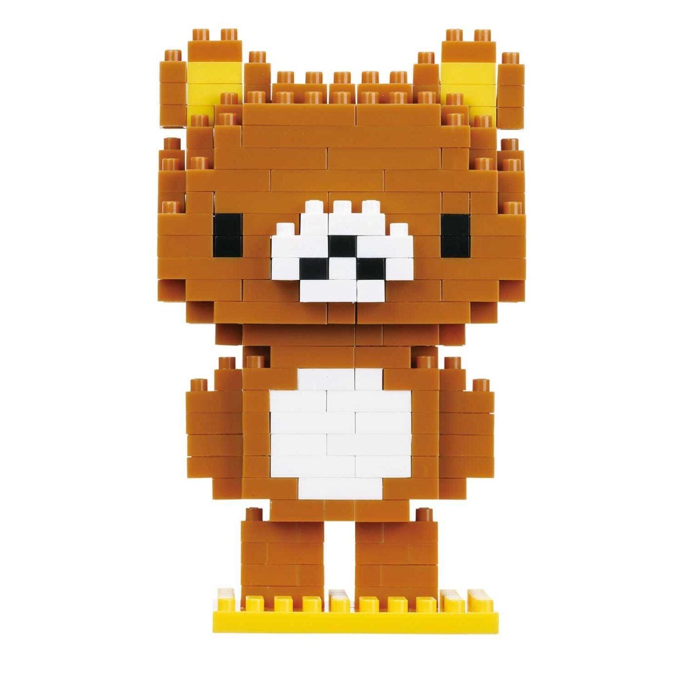 A pixelated image of a brown bear made up of small blocks, standing on a yellow base.