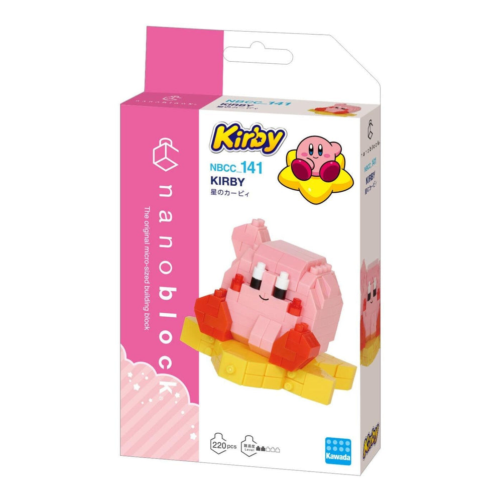 a pink and yellow packaging for a toy called the "Kirby" building block. The packaging is designed to resemble a pink and yellow box with a cartoon character of the character.