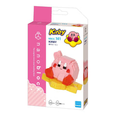 a pink and yellow packaging for a toy called the "Kirby" building block. The packaging is designed to resemble a pink and yellow box with a cartoon character of the character.