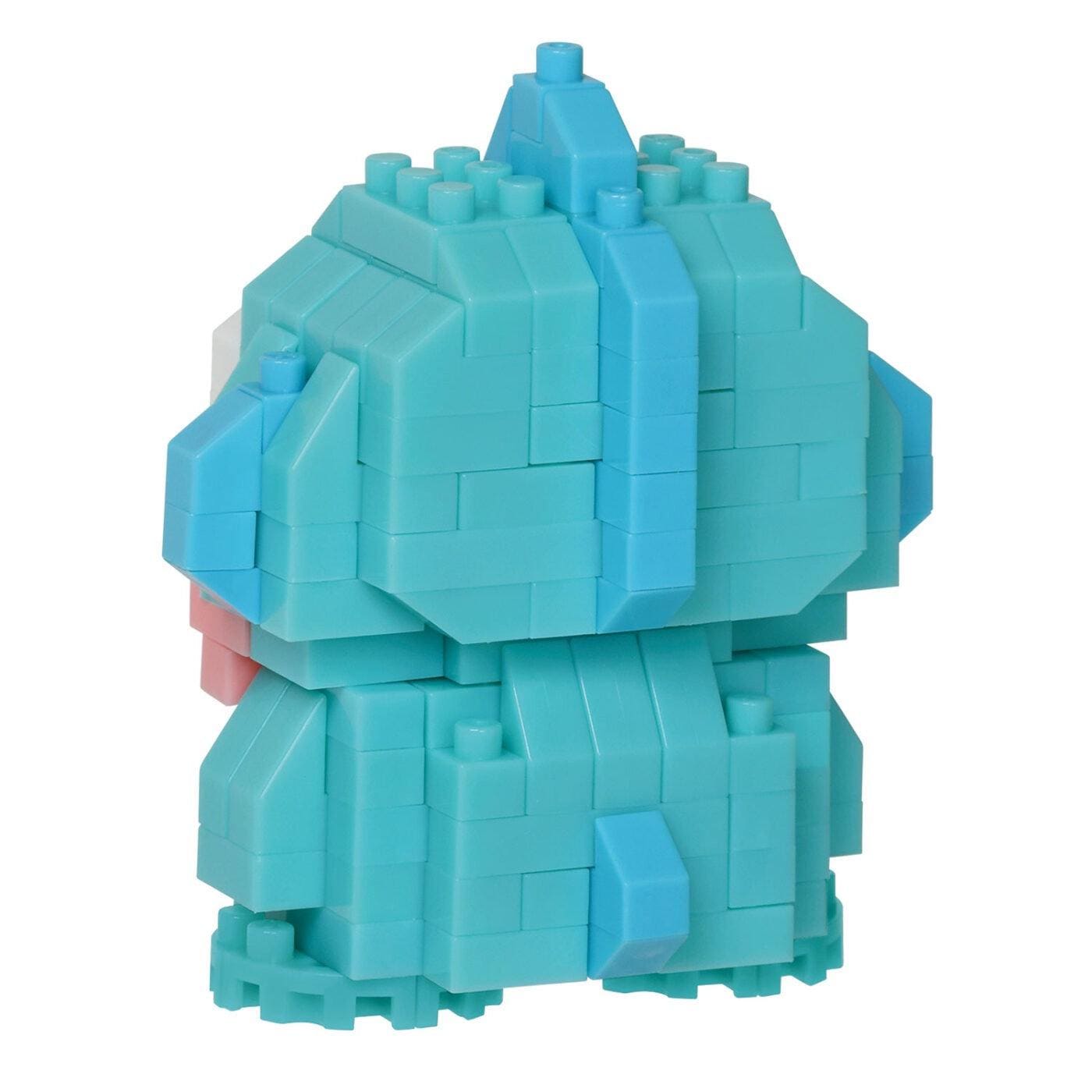 A blue and pink toy made of small, interlocking blocks.