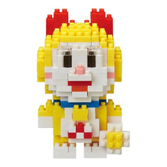 A colorful and playful toy made of small building blocks in various bright colors, including yellow, red, and white.