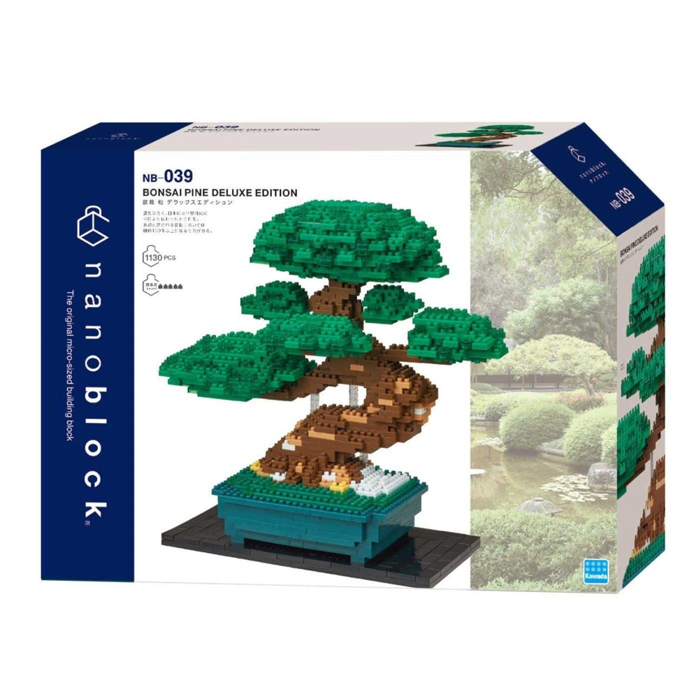 The image is a box for a Bonsai Pine Deluxe Edition set, which is a miniature bonsai tree crafted from building blocks. The box features a detailed image of the bonsai tree and its green pot, showcasing the intricate design and craftsmanship of the model.
